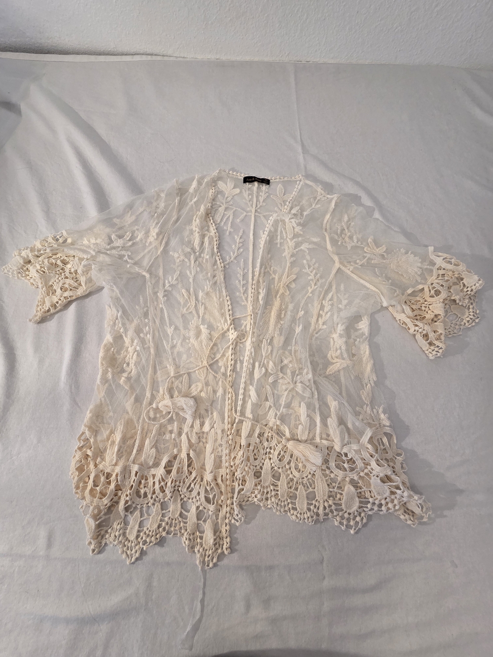 Sheer Lace Embroidered Kimono Cardigan in Ivory. Boho Romantic. Ann & Rose
